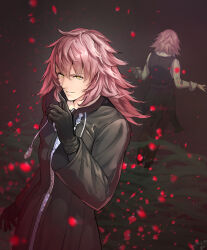 2boys back-to-back black_coat_(kingdom_hearts) black_gloves falling_petals finger_to_mouth full-length_zipper gloves gogo_(detteiu_de) highres kingdom_hearts lauriam long_sleeves marluxia medium_hair multiple_boys petals pink_hair plant rose_petals shirt shushing signature smile standing tagme vines white_shirt yellow_eyes zipper