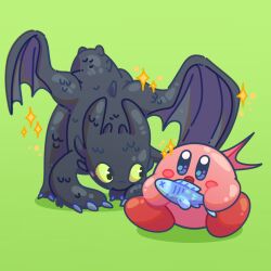 aimaay animal blush claws colored_sclera commentary dragon english_commentary fish green_sclera highres holding holding_animal holding_fish how_to_train_your_dragon_(series) kirby kirby_(series) nintendo open_mouth shadow toothless wings