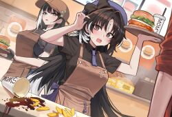 Rule 34 | 1other, 2girls, apron, baizhi (wuthering waves), beret, black bow, black eyes, black gloves, black hair, black shirt, blue hat, blush, bow, breasts, brown hat, bubba (user nzhy7548), burger, commentary request, cup, disposable cup, drinking straw, dutch angle, fast food, feather hair, food, gloves, green eyes, hair intakes, hand up, hat, hat bow, highres, indoors, large breasts, long hair, looking at viewer, mole, mole under eye, mom&#039;s touch, multicolored hair, multiple girls, open mouth, potato wedges, shirt, spill, streaked hair, sweatdrop, tacet mark (wuthering waves), very long hair, wuthering waves, yangyang (wuthering waves)