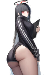 1girl absurdres alternate_costume ass black_hair black_halo black_panties black_sweater blue_archive blunt_bangs blush breasts clipboard closed_mouth cowboy_shot from_behind halo highres holding holding_clipboard large_breasts long_hair long_sleeves looking_at_viewer looking_back panties panty_peek red_eyes rio_(blue_archive) sab_(sab2500) simple_background solo sweater thighs underwear very_long_hair white_background