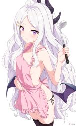 1girl absurdres ahoge apron bare_arms bare_shoulders black_horns black_panties black_thighhighs black_wings blue_archive blush breasts closed_mouth commentary cowboy_shot demon_horns dot_nose enru frilled_apron frills hair_ornament hairclip hand_on_own_stomach hand_up highres hina_(blue_archive) holding holding_ladle horns ladle loli long_hair looking_at_viewer low_wings multiple_horns nearly_naked_apron paid_reward_available panties panty_straps parted_bangs pink_apron purple_eyes sideboob simple_background small_breasts solo string_panties sweatdrop thighhighs thighs underwear very_long_hair wavy_hair wavy_mouth white_background white_hair wings