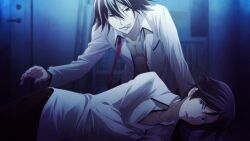 2boys black_eyes black_hair chaos;child chaos;child_love_chu_chu! collarbone collared_shirt dress_shirt game_cg hair_between_eyes hekiho_academy hekiho_academy_uniform highres indoors itou_shinji_(chaos;child) kneeling looking_to_the_side lying male_focus miyashiro_takuru multiple_boys muscular muscular_male necktie non-web_source official_art on_side open_clothes open_collar open_mouth open_shirt pectorals red_necktie sasaki_mutsumi school_uniform shirt sweatdrop tongue tongue_out undone_necktie white_shirt yaoi you_gonna_get_raped