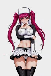 1girl absurdres ai-assisted artist_name bleach blush boots breasts collarbone crop_top dokugamine_riruka female_focus hat highres panties parted_lips patreon_username prixmal purple_eyes purple_hair simple_background skirt small_breasts teeth thigh_boots tsundere twintails underwear white_panties