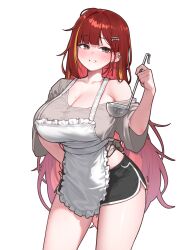 Rule 34 | 1girl, absurdres, akane lize, apron, black shorts, blonde hair, blush, breasts, cleavage, commentary, cowboy shot, cross, cross earrings, dolphin shorts, ear piercing, earrings, frilled apron, frills, grey eyes, grey shirt, grin, hair ornament, hairclip, hand on own hip, highres, holding, holding ladle, jewelry, ladle, large breasts, long hair, looking at viewer, mole, mole on breast, mole on cheek, multicolored hair, off shoulder, piercing, red hair, sangobob, shirt, short shorts, shorts, simple background, smile, solo, standing, stellive, streaked hair, very long hair, virtual youtuber, white apron, white background
