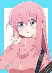 1girl absurdres artist_name blue_border blue_eyes blush bocchi_the_rock! border breasts commentary gotoh_hitori guitar hand_up highres holding holding_guitar holding_instrument instrument jacket long_hair long_sleeves looking_at_viewer medium_breasts open_mouth outside_border pink_hair pink_jacket sidelocks signature simple_background smile solo track_jacket turtleneck turtleneck_jacket upper_body white_background yoshinaga_masahiro