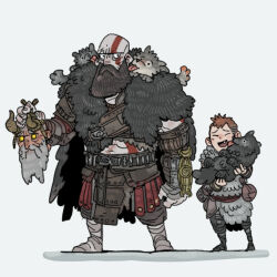 3boys absurdres atreus bald beard closed_eyes facepaint facial_hair full_beard fur_(clothing) gauntlets god_of_war govy9807 highres holding_detached_head horns kratos_(god_of_war) licking licking_another&#039;s_face long_beard mimir_(god_of_war) multiple_boys pale_skin red_facepaint short_hair simple_background thick_beard very_short_hair white_background wolf