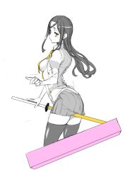 1girl absurdres between_thighs black_thighhighs breasts closed_mouth cosplay_request greyscale hair_ornament hairclip highres kujouin_iruka long_hair looking_at_viewer monochrome school_uniform short_sleeves sideboob sidelocks skirt solo spot_color sword thighhighs weapon white_background yasuda_suzuhito yellow_eyes yozakura_quartet