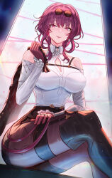 1girl black_jacket boots breasts chest_harness clothing_cutout eyewear_on_head glasses gloves harness high-waist_shorts highres honkai:_star_rail honkai_(series) jacket kafka_(honkai:_star_rail) large_breasts long_hair long_sleeves looking_at_viewer mcdobo pantyhose pantyhose_under_shorts pince-nez purple-tinted_eyewear purple_eyes purple_gloves purple_hair purple_pantyhose round_eyewear shirt shorts shoulder_cutout single_thigh_boot smile solo thigh_boots tinted_eyewear unworn_jacket white_shirt