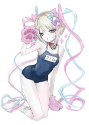 1girl animal_hands bell blonde_hair blue_hair braised_cutlass breasts chouzetsusaikawa_tenshi-chan collar commentary covered_navel gloves grey_eyes hashtag-only_commentary highres kneeling long_hair looking_at_viewer neck_bell needy_girl_overdose open_mouth paw_gloves pink_hair quad_tails red_collar simple_background small_breasts socks solo white_background white_socks