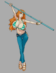 Rule 34 | 1girl, alternate breast size, bangle, bare arms, bare shoulders, belt, bikini, blue pants, blush, blushing female, bracelet, breasts, clima-tact, colorized, denim, full body, gold bracelet, green bikini, grey background, high heel sandals, highres, huge breasts, jeans, jewelry, krokedrilo, large breasts, long hair, looking at viewer, micro bikini, nami (one piece), nami (one piece) (return to sabaody), official alternate costume, one piece, orange eyes, orange hair, pants, sandals, smile, solo, staff, standing, stick, striped bikini, striped clothes, swimsuit, tagme, tattoo, wavy hair