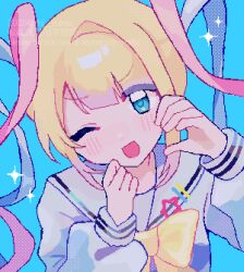 Rule 34 | 1girl, ;d, blonde hair, blue eyes, blue hair, blush, bow, bowtie, breasts, chouzetsusaikawa tenshi-chan, commentary, dot nose, finger to cheek, from above, halftone, hands up, highres, jaggy lines, long hair, long sleeves, multicolored hair, needy girl overdose, one eye closed, open mouth, pink hair, puffy long sleeves, puffy sleeves, quad tails, sailor collar, school uniform, shirt, shizumu (shi zumu), sidelocks, single hair intake, small breasts, smile, solo, sparkle, star (symbol), symbol-only commentary, upper body, v-shaped eyebrows, watermark, white sailor collar, white shirt, yellow bow, yellow bowtie