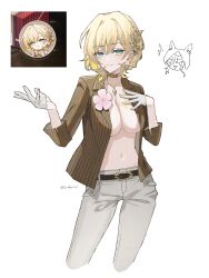 2girls ^^^ absurdres aglaea_(fashion)_(honkai:_star_rail) aglaea_(honkai:_star_rail) animal_ears animal_hood blonde_hair breast_tattoo breasts brown_shirt cat_ears cat_hood cipher_(honkai:_star_rail) collared_shirt commentary flower_ornament gloves gold_tattoo green_eyes highres honkai:_star_rail honkai_(series) hood laurel_crown multiple_girls navel no_bra official_alternate_costume open_clothes open_shirt pants reference_inset rok8284 shirt short_hair simple_background smile stomach tattoo twitter_username white_background white_gloves white_pants