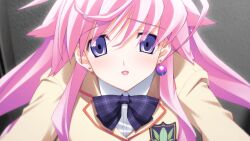1girl 3d_background beads blazer bow bowtie breasts brown_jacket chaos;head chaos;head_love_chu_chu! collared_shirt constricted_pupils earrings game_cg hair_between_eyes hair_over_shoulder jacket jewelry lapels large_breasts long_hair looking_at_viewer matsuo_yukihiro mismatched_earrings non-web_source notched_lapels official_art open_mouth pink_hair pink_lips plaid_bow plaid_bowtie plaid_clothes pov purple_bow purple_bowtie purple_eyes red_trim school_emblem school_uniform seira_orgel shiny_eyes shiny_lips shiny_skin shirt smile suimei_academy suimei_school_uniform swept_bangs tongue white_shirt