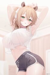1girl alternate_costume animal_ears armpits arms_behind_head arms_up bare_arms black_shorts blurry blush breasts brown_hair commentary cropped_shirt crossed_bangs deyui dolphin_shorts english_commentary green_eyes highres indie_virtual_youtuber indoors large_breasts looking_at_viewer loungewear midriff navel nimi_nightmare one_side_up open_mouth paid_reward_available shirt short_shorts shorts sleeveless sleeveless_shirt solo sweat tapir_ears tapir_girl teeth upper_teeth_only virtual_youtuber white_shirt