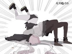2girls 55nyako20 black_pantyhose black_shoes candy fate/grand_order fate_(series) food german_suplex highres jacket lilith_(fate) lollipop mash_kyrielight multiple_girls pantyhose pink_hair shoes short_hair suplex twintails underwear white_hair