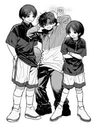 Rule 34 | 1girl, 2boys, absurdres, arms up, bright pupils, character request, clenched teeth, copyright request, greyscale, highres, hood, hoodie, jacket, jihecchi, long sleeves, looking to the side, monochrome, multiple boys, open mouth, pants, shaded face, shoes, short sleeves, simple background, smile, socks, sweat, teeth