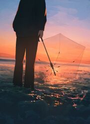 1boy banakotakemaru black_sweater blurry brown_pants depth_of_field head_out_of_frame holding holding_umbrella horizon ocean original painterly pants scenery sky solo sweater transparent transparent_umbrella umbrella wading