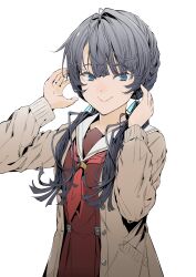 1girl absurdres blue_eyes blue_hair blue_ribbon brown_cardigan brown_dress cardigan closed_mouth commentary cowboy_shot dress hair_ribbon hands_up hasu_no_sora_school_uniform highres link!_like!_love_live! long_hair long_sleeves looking_at_viewer love_live! low_twintails mole mole_on_neck murano_sayaka neckerchief open_cardigan open_clothes pleated_dress red_neckerchief ribbon sailor_collar sailor_dress school_uniform simple_background single_hair_intake smile solo tommer twintails virtual_youtuber white_background white_sailor_collar winter_uniform