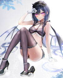 1girl absurdly_long_hair absurdres anklet arm_support ass bead_anklet beads black_hair black_horns black_shoes blue_hair bra breasts brown_bra brown_thighhighs chest_harness colored_inner_hair crossed_bangs demon_girl demon_horns demon_wings frilled_bra frilled_thighhighs frills gloves hair_between_eyes hairband harness heart heart_o-ring high_heels highleg highleg_panties highres horns ichinose_uruha ichinose_uruha_(birthday_2023) jewelry lolita_hairband long_hair looking_at_viewer medium_breasts multi-strapped_panties multicolored_hair o-ring o-ring_harness panties purple_eyes sanada_nagi shoes sitting skindentation solo striped_bra striped_clothes thighhighs underwear vertical-striped_bra vertical-striped_clothes very_long_hair virtual_youtuber vspo! water wet white_gloves wings