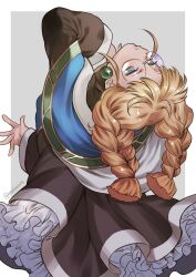 1girl absurdres artist_name black_dress blue_cape blunt_ends border braided_twintails cafe_artful cape closed_mouth commentary_request dress earrings feet_out_of_frame glasses grey_background hayasaka head_back highres jewelry long_dress long_hair long_sleeves multicolored_cape no_pupils orange_hair parted_bangs pearl_earrings petticoat rance_(series) round_eyewear simple_background solo white_border white_cape