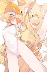 1girl adjusting_eyewear animal_ear_fluff animal_ears armpits bad_tag blonde_hair blue_archive blush breasts cameltoe commentary covered_navel flat_chest fox_ears fox_girl gluteal_fold hair_over_one_eye hand_on_eyewear highleg highleg_one-piece_swimsuit highres loli long_hair long_sleeves mikozin off_shoulder official_alternate_costume one-piece_swimsuit one_eye_covered orange-tinted_eyewear paid_reward_available seia_(blue_archive) seia_(swimsuit)_(blue_archive) side_ponytail small_breasts sunglasses swimsuit thighs tinted_eyewear very_long_hair visor_cap white_background white_one-piece_swimsuit