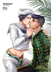2boys amaripma artist_collaboration belt black_hair black_pants blue_eyes checkered_clothes checkered_shirt commentary crop_top green_belt green_lips green_shirt hand_on_another&#039;s_chin hat highres ideajkk imminent_kiss jojo_no_kimyou_na_bouken jojolion kira_yoshikage_(jojolion) kujo_josefumi makeup male_focus midriff multiple_boys navel open_belt open_pants orange_panties panties pants pompadour purple_eyes purple_hair sailor sailor_collar sailor_hat shirt undercut underwear white_hat white_pants white_sailor_collar white_shirt yaoi yellow_shirt