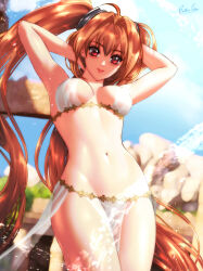 1girl armpits arms_behind_head auburn_hair belly_dancer breasts brown_hair cleavage dancer eiyuu_densetsu estelle_bright esther_shen harem_outfit large_breasts legs loincloth long_hair looking_at_viewer red_eyes smile solo sora_no_kiseki thighs twintails