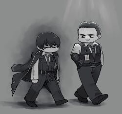 Rule 34 | 2boys, belt, black hair, black suit, dagger, formal clothes, gauntlets, glaring, hair slicked back, hand on own hip, highres, id card, knife, limbus company, male focus, meursault (project moon), multiple boys, necktie, open clothes, project moon, short hair, suit, thigh sheath, thigh strap, vest, walking, weapon, yatsumeunagi, yi sang (project moon)
