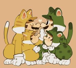 4boys animal_costume animal_ears baby_luigi baby_mario blue_eyes brown_hair cat_costume cat_ears cat_luigi cat_mario cat_tail commentary facial_hair luigi male_focus mario mario_(series) mimimi_(mimimim9999) multiple_boys mustache nintendo red_ribbon ribbon short_hair siblings simple_background super_mario_3d_world symbol-only_commentary tail