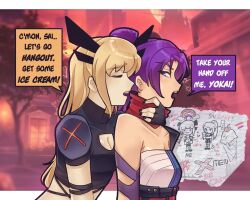 2girls black_gloves blonde_hair breasts cleavage_cutout clothing_cutout crop_top derkdrew124 elbow_gloves food gloves holding ice_cream japanese_clothes kimono long_hair magik_(x-men) marvel marvel_rivals midriff multiple_girls ponytail psylocke psylocke_(sai) purple_eyes purple_hair sarashi sash scarf superhero_costume x-men