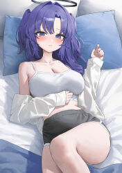 1girl absurdres armpit_crease bare_legs bed_sheet black_shorts blue_archive blush breasts camisole cleavage collarbone commentary crop_top damcheong dolphin_shorts feet_out_of_frame hair_intakes halo highres knee_up large_breasts long_hair looking_at_viewer lying on_back open_clothes open_shirt pillow purple_eyes purple_hair shirt short_shorts shorts solo two_side_up white_camisole white_shirt yuuka_(blue_archive)