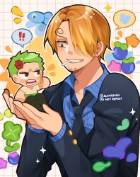 ! !! 2boys alynomali anger_vein black_jacket black_necktie black_pants blonde_hair blue_shirt blush_stickers cigarette collared_shirt commentary facial_hair green_hair hair_over_one_eye haramaki highres in_palm jacket long_sleeves looking_at_another male_focus mini_person miniboy mouth_hold multiple_boys necktie one_piece open_mouth pants roronoa_zoro sanji_(one_piece) shirt short_hair size_difference sparkle spoken_exclamation_mark symbol-only_commentary teeth_hold twitter_username upper_body white_shirt