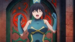 1girl anemone_(kizetsu_yuusha) animated anime_screenshot bare_shoulders black_hair blue_dress blue_gloves bouncing_breasts breasts closed_eyes collarbone dress gloves hat highres jumping kizetsu_yuusha_to_ansatsu_hime large_breasts ponytail sleeveless sleeveless_dress smile sound tagme video