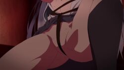 1girl animated anime_screenshot arms_behind_head arms_up blush bound bound_arms bound_leg breasts cleft_of_venus convenient_censoring entangled gluteal_fold gradient_hair haite_kudasai_takamine-san jacket large_breasts linea_alba long_hair multicolored_hair nipples no_bra no_panties open_clothes open_jacket open_shirt panties pleated_skirt purple_hair red_eyes school_uniform shirt silk skirt sound spider_web spread_legs sweat tagme takamine_takane thick_thighs thighs two-tone_hair underwear video white_shirt