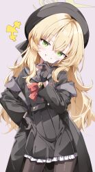 +++ 1girl black_coat black_gloves black_pantyhose black_sailor_collar black_serafuku black_shirt black_skirt blonde_hair blue_archive bow bowtie coat cowboy_shot gloves green_eyes grin halo highres loli long_hair long_sleeves looking_at_viewer pantyhose parted_lips professor_niyaniya_(blue_archive) purple_background red_bow red_bowtie sabana sailor_collar sailor_shirt school_uniform serafuku shirt simple_background skirt smile solo teeth wavy_hair yellow_halo