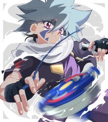 1boy bakuten_shoot_beyblade bare_shoulders beyblade beyblade_(object) black_gloves black_jacket black_shirt blue_hair border cowboy_shot fingerless_gloves gloves grey_background highres hiwatari_kai holding jacket male_focus medium_hair purple_eyes scarf shirt simple_background solo tkoknmy0321 twitter_username white_border white_scarf