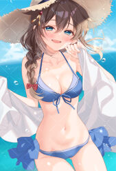 1girl bare_shoulders beach bikini blue_bikini blue_eyes blue_sky blush braid breasts brown_hair brown_hat cleavage collarbone front-tie_bikini_top front-tie_top hair_between_eyes hair_over_shoulder hat highres holding holding_towel kantai_collection long_hair medium_breasts naoto_(tulip) navel ocean official_alternate_costume open_mouth outdoors shigure_(kancolle) shigure_kai_san_(kancolle) shigure_kai_san_(swimsuit)_(kancolle) side-tie_bikini_bottom single_braid sky smile solo stomach straw_hat sun_hat swimsuit towel water