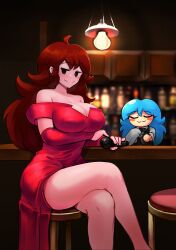 2girls :3 absurdres ahoge alcohol bar_(place) bare_shoulders black_eyes blue_hair blurry blurry_background blush bottle breasts brown_hair chair cleaning cleavage closed_eyes crossed_legs detached_sleeves dress elbow_sleeve female_focus friday_night_funkin&#039; gipehtyboo girlfriend_(friday_night_funkin&#039;) glass highres holding holding_glass holding_microphone large_breasts light_bulb long_hair looking_at_viewer microphone mismatched_pupils multiple_girls no_fingers red_dress red_sleeves sitting sky_(friday_night_funkin&#039;) smile