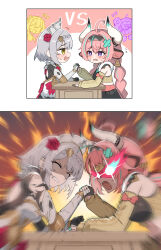 absurdres ahoge animal_ears arm_wrestling blush braid clenched_teeth cow_ears cow_horns cracked_armor detached_sleeves ear_bell exploding_clothes flower gauntlets genshin_impact green_eyes grey_hair hair_flower hair_ornament hairband highres horns iansan_(genshin_impact) jhp987 lumine_(genshin_impact) mask noelle_(genshin_impact) pink_hair purple_eyes teeth twin_braids varesa_(genshin_impact) veins