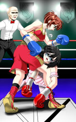 1boy 2girls boxing boxing_gloves boxing_ring catfight defeat highres k.o. mikasa_ackerman multiple_girls santos sasha_blouse shingeki_no_kyojin tagme