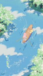 1girl animal artist_request blue_shirt blue_sky boat capelet cargo_shorts cat chibi chinese_commentary chinese_text clothed_animal cloud commentary_request copyright_name day denim denim_shorts ear_covers flower from_behind grey_shorts highres holding holding_oar hood hood_up hooded_capelet long_hair long_sleeves momo_(nikki) nikki_(nikki) nikki_(series) oar official_art outdoors over-kneehighs petals pink_hair reflection reflective_water river second-party_source shadow shining_nikki shirt shorts sky socks splashing spring_(season) standing thighhighs translation_request very_long_hair watercraft white_cat white_flower white_socks yellow_capelet
