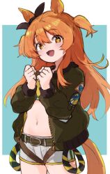 Rule 34 | + +, 1girl, animal ears, black ribbon, blush, bow, brown eyes, clenched hands, commentary, crop top, ear ribbon, english commentary, green jacket, horse ears, horse girl, horse tail, jacket, jamir, long hair, long sleeves, looking at viewer, mayano top gun (umamusume), midriff, open mouth, orange hair, ribbon, short shorts, shorts, solo, tail, two side up, umamusume
