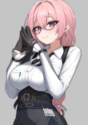 1girl absurdres black-framed_eyewear black_gloves black_ribbon black_skirt blush breasts closed_mouth earrings glasses gloves grey_background hair_intakes highres hourglass_earrings icetea_art jewelry large_breasts long_hair long_sleeves looking_at_viewer neck_ribbon own_hands_together pink_eyes pink_hair ribbon semi-rimless_eyewear shirt simple_background skirt smile solo tsukishiro_yanagi under-rim_eyewear underbust white_shirt zenless_zone_zero
