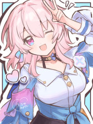 1girl black_choker blue_background blue_eyes blue_jacket border bra_strap breasts buttons choker commentary earrings flower_ornament furuya_ame gradient_clothes gradient_jacket hand_up heart highres honkai:_star_rail honkai_(series) jacket jewelry long_sleeves looking_at_viewer march_7th_(honkai:_star_rail) march_7th_(preservation)_(honkai:_star_rail) medium_breasts medium_hair multicolored_eyes off-shoulder_jacket off_shoulder one_eye_closed open_mouth outside_border pink_eyes pink_hair pink_jacket shirt signature single_earring solo tied_jacket twitter_username two-tone_eyes underbust upper_body v white_border white_shirt