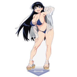 Rule 34 | :d, acrylic stand (object), arato nagi, arm behind head, armpits, artist request, bare legs, bare shoulders, bikini, black hair, blue bikini, blue eyes, breasts, cleavage, contrapposto, dot nose, floating hair, hand on own thigh, jacket, large breasts, leaning forward, light blush, long hair, looking at viewer, merchandise available, navel, official art, open mouth, ruri no houseki, sandals, see-through clothes, see-through jacket, smile, straight hair, swimsuit