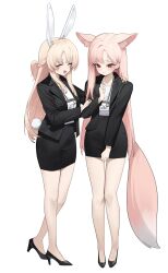 2girls absurdres animal_ears bare_legs black_jacket black_shoes black_skirt blazer blonde_hair braid closed_mouth commentary_request commission eyeshadow fox_ears fox_girl fox_tail full_body high_heels highres id_card jacket korean_commentary long_sleeves looking_down makeup multiple_girls nogong office_lady open_clothes open_jacket open_mouth original parted_bangs pencil_skirt pink_hair rabbit_ears rabbit_tail second-party_source shirt shoes simple_background skirt smile tail white_background white_shirt
