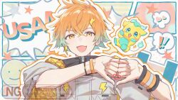 ! !! 1boy :d aqua_hair border bracelet commentary crossed_bangs drawstring dumbbell earrings gradient_hair grey_jacket hair_between_eyes hair_ornament hands_up heart heart_hands highres hood hood_down hooded_jacket jacket jewelry lightning_bolt lightning_bolt_earrings lightning_bolt_hair_ornament lightning_bolt_symbol looking_at_viewer male_focus multicolored_hair nijisanji open_mouth orange_eyes orange_hair outline outside_border puchimu short_hair short_sleeves single_earring smile smiley_face solo speech_bubble spoken_exclamation_mark spoken_heart star_(symbol) symbol-only_commentary upper_body usami_rito usami_rito_(1st_costume) virtual_youtuber watermark white_border white_jacket white_outline wristband