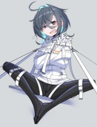 Rule 34 | 1girl, :d, absurdres, ahoge, arms across body, bdsm, black bodysuit, black hair, blue eyes, blue hair, bodysuit, bodysuit under clothes, bound, bound arms, colored inner hair, full body, highres, id card, latex, latex bodysuit, looking at viewer, medium hair, menou 74, multicolored hair, open mouth, original, ringed eyes, sharp teeth, sitting, smile, soles together, solo, straitjacket, teeth, two-tone hair