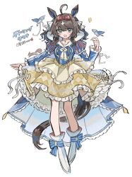 1girl absurdres alternate_costume animal_ears bird blue_eyes breasts collarbone cosplay daring_tact_(umamusume) full_body hair_between_eyes hair_ornament highres horse_ears horse_girl horse_tail jewelry kumo_(mokumoku_warabi) long_hair medium_breasts necklace open_mouth petals ribbon shoes snow_white_(fairy_tale) solo tail umamusume white_background