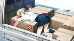 1girl ahoge bent_over black_bow blank_eyes blonde_hair blue_skirt blue_socks blue_stripes bow chuo_tanegashima_high_school_uniform cropped_shirt emphasis_lines exhausted facing_to_the_side fukuda_tomonori game_cg gloom_(expression) hair_between_eyes hair_bow high-waist_skirt highres kneeling koujiro_frau motor_vehicle multiple_hair_bows non-web_source official_art on_truck pickup_truck pleated_skirt robotics;notes sailor_collar school_uniform shaded_face shirt short_sleeves sidelocks skirt socks solo thick_thighs thighs truck twintails white_sailor_collar white_shirt